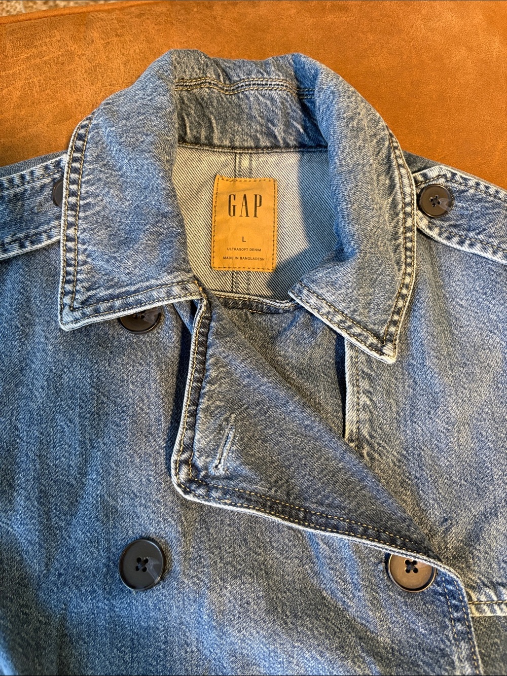 GAP Denim Trench Jacket Women’s Large Cropped Double Breasted Light Wash - Picture 4 of 11